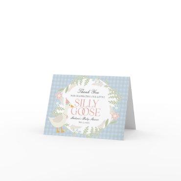 Blue Silly Goose Floral Gingham Baby Shower Thank You Card
