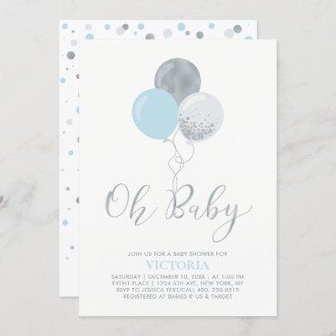 Blue & Silver Balloons | Oh Baby Boy Baby Shower Invitation