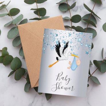 Blue stars baby boy silver shower  postcard