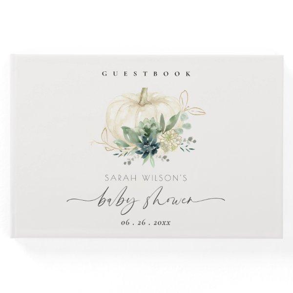 Blue Succulent White Gold Pumpkin Baby Shower Guest Book