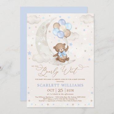 Blue Teddy Bear on Moon with Balloons Baby Shower Invitation
