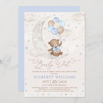 Blue Teddy Bear on Moon with Balloons Baby Shower Invitation