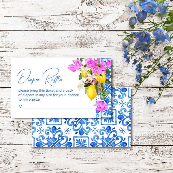 Blue Tiles Lemons Bougainvillea diaper raffle Enclosure Card