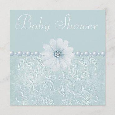 Blue Vintage Baby Shower Bling Flowers & Pearls