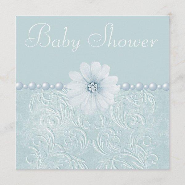 Blue Vintage Baby Shower Bling Flowers & Pearls