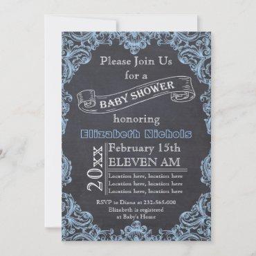 Blue vintage frame and chalkboard baby shower invitation