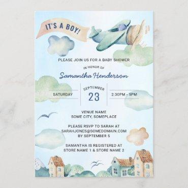 Blue Watercolor Airplane Boy's Baby Shower Invitation