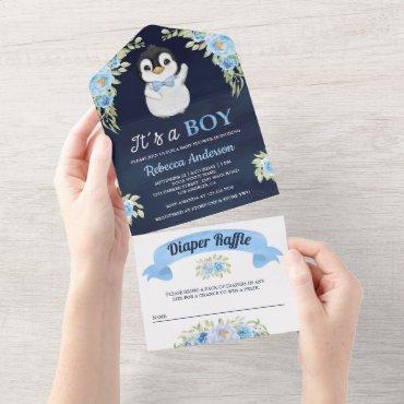 Blue Watercolor Floral Penguin Navy Baby Shower All In One Invitation