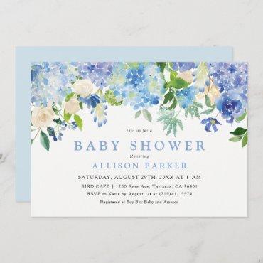 Blue Watercolor Flowers Baby Shower Invitation