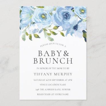 Blue Watercolor Flowers Boys Baby Shower Brunch Invitation