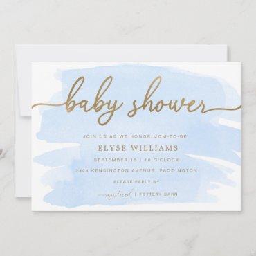 Blue Watercolour Gold Baby Shower Invitation