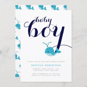 Blue whale navy typography baby boy shower invitation