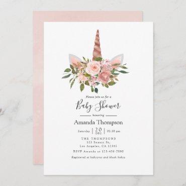 Blush and Rose Gold Floral Unicorn Baby Shower Invitation
