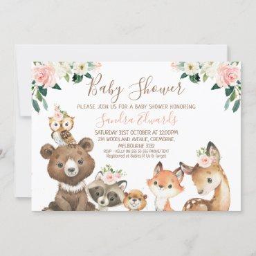 Blush and White Floral Woodland Baby Shower  Invitation