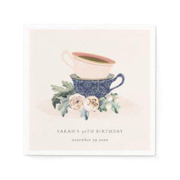 Blush Blue Flora Stacked Tea Cups Any Age Birthday Napkins