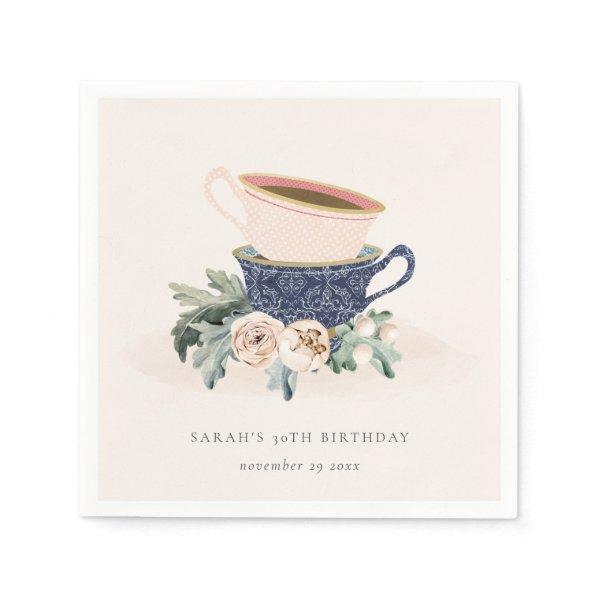 Blush Blue Flora Stacked Tea Cups Any Age Birthday Napkins
