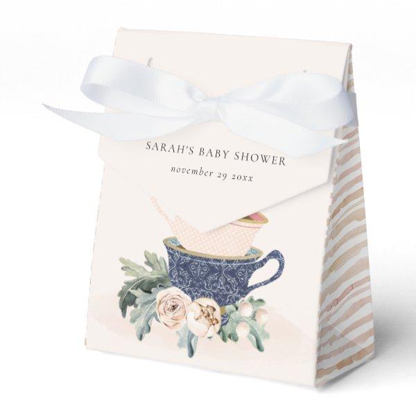 Blush Blue Floral Stacked Tea Cups Baby Shower Favor Boxes