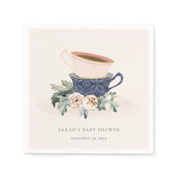 Blush Blue Floral Stacked Tea Cups Baby Shower Napkins