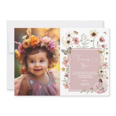 Blush Boho Fairy Wildflower Girl Birthday Photo Thank You Card