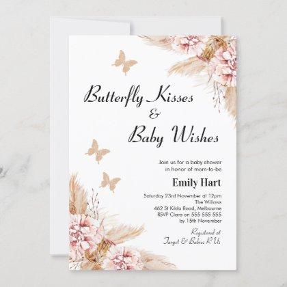 Blush Boho Floral Butterfly Kisses Baby Shower  Invitation