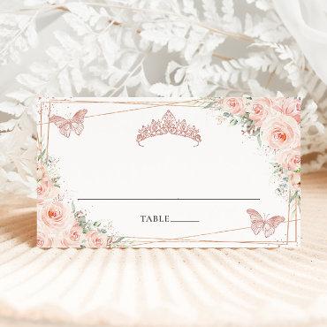 Blush Floral Butterflies Quinceanera 16th Birthday Place Card