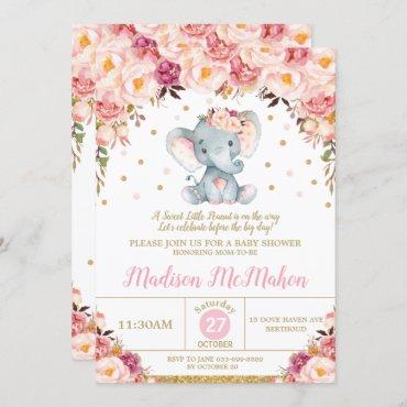 Blush Floral Elephant Baby Shower Girl Invitation