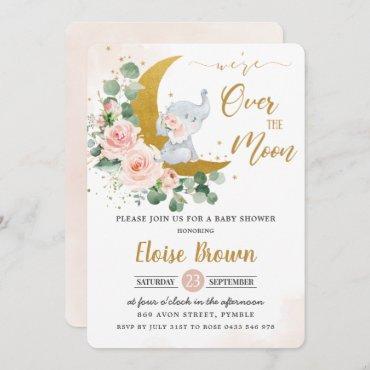 Blush Floral Elephant Over the Moon Baby Shower
