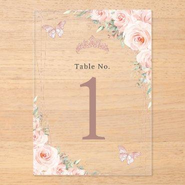 Blush Floral Rose Gold Quinceanera XV Table Number