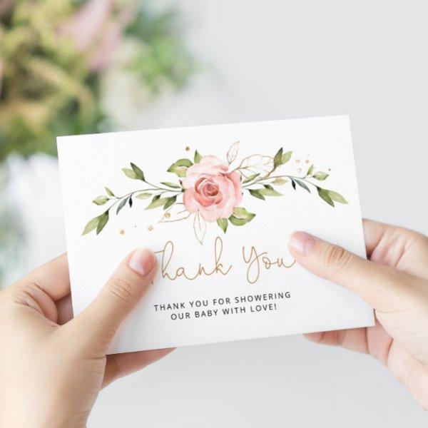 Blush gold floral baby shower thank you card
