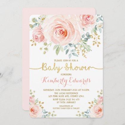 Blush Gold Floral Rose Girl Baby Shower Invitation