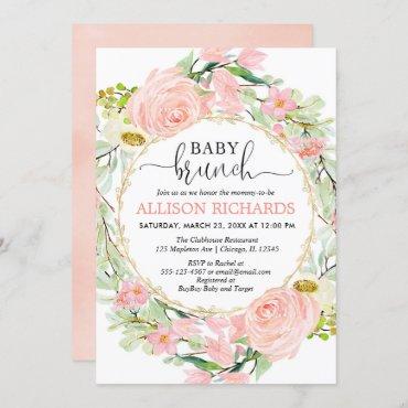 Blush pink and gold brunch girl baby shower floral invitation