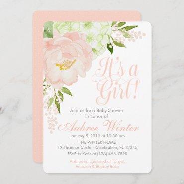 Blush Pink and Mint Spring Floral Girl Baby Shower Invitation