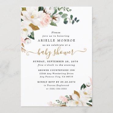 Blush Pink and White Magnolia Floral Baby Shower Invitation