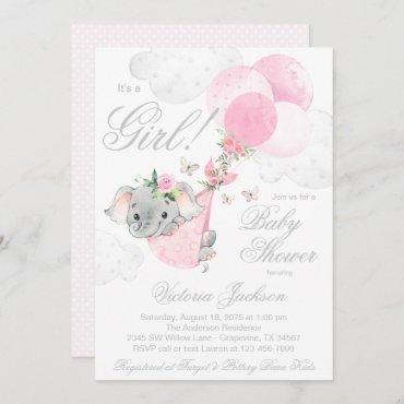 Blush Pink Elephant Balloons Butterfly Baby Shower Invitation