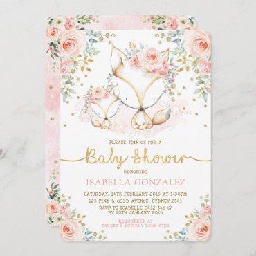 Blush Pink Floral Baby Woodland Fox Girl Shower Invitation