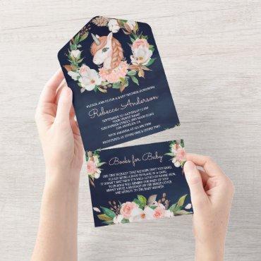 Blush Pink Floral Braided Unicorn Navy Baby Shower All In One