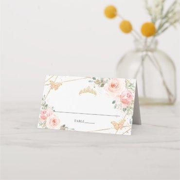 Blush Pink Floral Butterflies Quinceañera Birthday Place Card