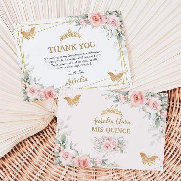 Blush Pink Floral Gold Crown Quinceañera Butterfly Thank You Card