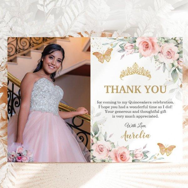 Blush Pink Floral Gold Crown Quinceañera Photo  Thank You Card