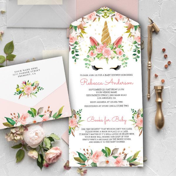 Blush Pink Floral Gold Unicorn Baby Shower All In One