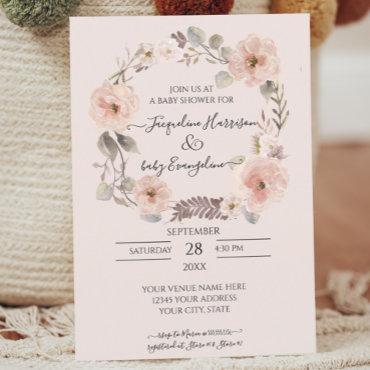 Blush Pink Floral Greenery Watercolor Baby Shower