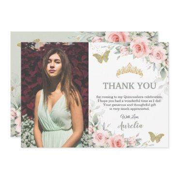 Blush Pink Floral Sage Green Quinceañera Photo Thank You Card