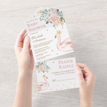 Blush Pink Floral Swan Princess Baby Shower All In One