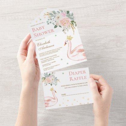 Blush Pink Floral Swan Princess Baby Shower All In One