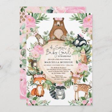 Blush Pink Floral Woodland Forest Girl Baby Shower Invitation
