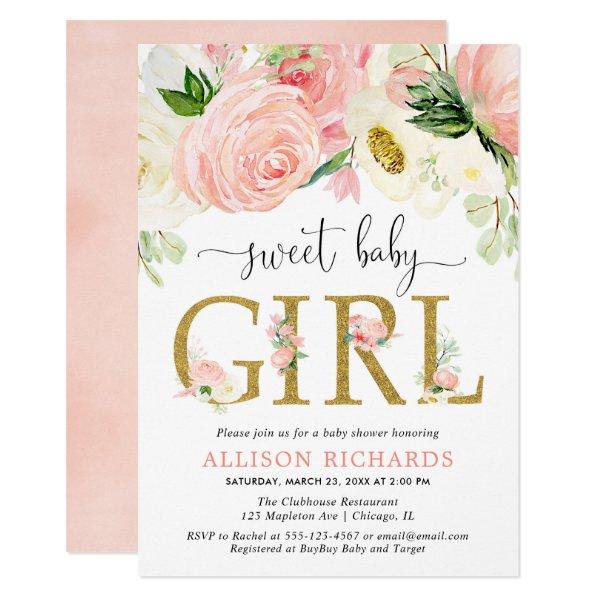 Blush pink gold Floral Girl baby shower Invitation