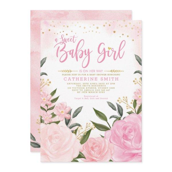 Blush Pink Gold Floral Greenery Girl