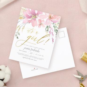 Blush Pink & Gold It's A Girl Floral  Postcard