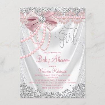 Blush Pink Gray Diamond Pearl Girly Baby Shower Invitation