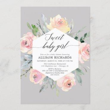 Blush pink grey floral watercolor girl baby shower invitation